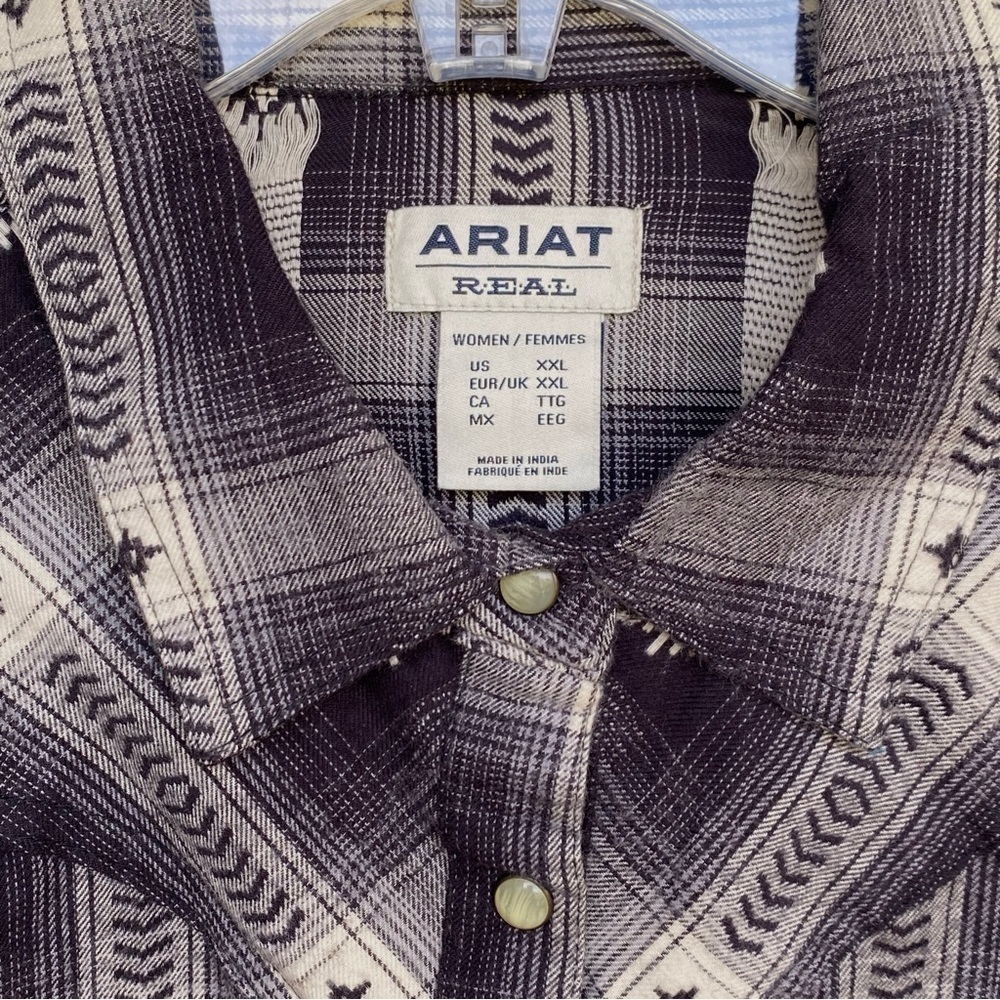 Women's ARIAT REAL Flannel Shirt Thunderstorm Plaid Aztec Dobby Size XXL Snap - Picture 3 of 6